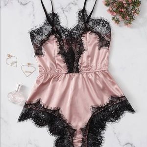 Pink with black lace pajama romper